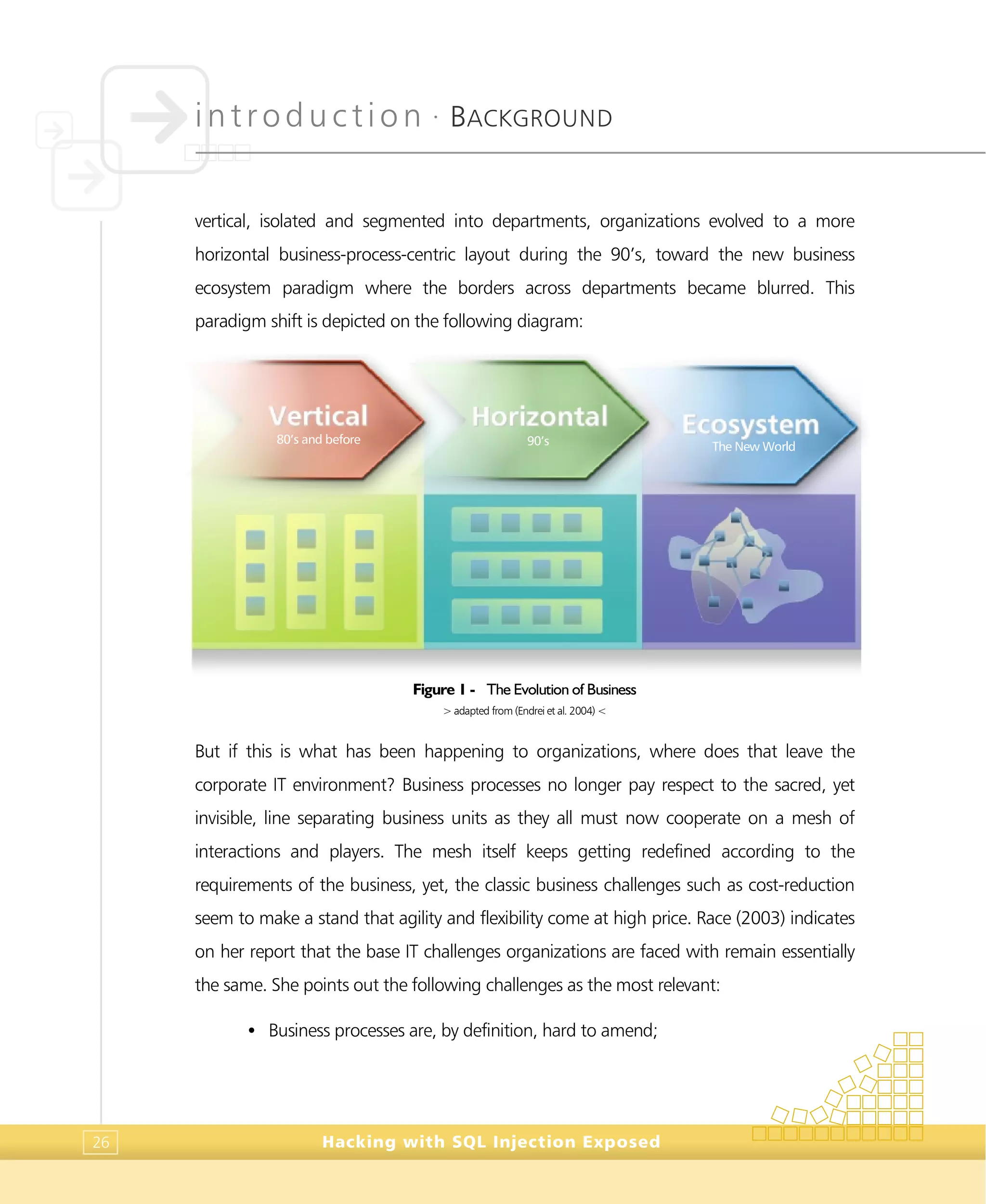 introduction •
BACKGROUND
Hacking with SQL Injection Exposed26
vertical, isolated and segmented into departments, organizations evolved to a more
horizontal business-process-centric layout during the 90’s, toward the new business
ecosystem paradigm where the borders across departments became blurred. This
paradigm shift is depicted on the following diagram:
Figure 1 - The Evolution of Business
> adapted from (Endrei et al. 2004) <
But if this is what has been happening to organizations, where does that leave the
corporate IT environment? Business processes no longer pay respect to the sacred, yet
invisible, line separating business units as they all must now cooperate on a mesh of
interactions and players. The mesh itself keeps getting redefined according to the
requirements of the business, yet, the classic business challenges such as cost-reduction
seem to make a stand that agility and flexibility come at high price. Race (2003) indicates
on her report that the base IT challenges organizations are faced with remain essentially
the same. She points out the following challenges as the most relevant:
• Business processes are, by definition, hard to amend;
80’s and before 90’s The New World
 