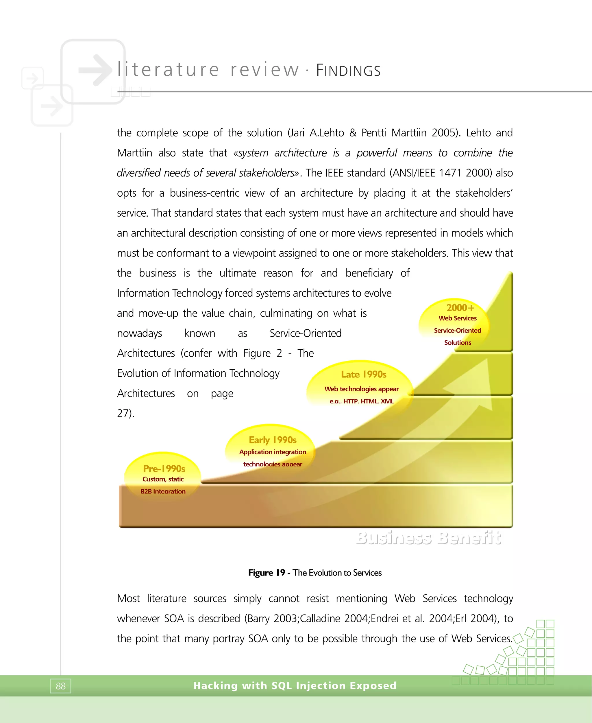 literature review •
FINDINGS
Hacking with SQL Injection Exposed88
the complete scope of the solution (Jari A.Lehto & Pentti Marttiin 2005). Lehto and
Marttiin also state that «system architecture is a powerful means to combine the
diversified needs of several stakeholders». The IEEE standard (ANSI/IEEE 1471 2000) also
opts for a business-centric view of an architecture by placing it at the stakeholders’
service. That standard states that each system must have an architecture and should have
an architectural description consisting of one or more views represented in models which
must be conformant to a viewpoint assigned to one or more stakeholders. This view that
the business is the ultimate reason for and beneficiary of
Information Technology forced systems architectures to evolve
and move-up the value chain, culminating on what is
nowadays known as Service-Oriented
Architectures (confer with Figure 2 - The
Evolution of Information Technology
Architectures on page
27).
Figure 19 - The Evolution to Services
Most literature sources simply cannot resist mentioning Web Services technology
whenever SOA is described (Barry 2003;Calladine 2004;Endrei et al. 2004;Erl 2004), to
the point that many portray SOA only to be possible through the use of Web Services.
Pre-1990s
Custom, static
B2B Integration
Early 1990s
Application integration
technologies appear
Late 1990s
Web technologies appear
e.g., HTTP, HTML, XML
2000+
Web Services
Service-Oriented
Solutions
BBuussiinneessss BBeenneeffiitt
 