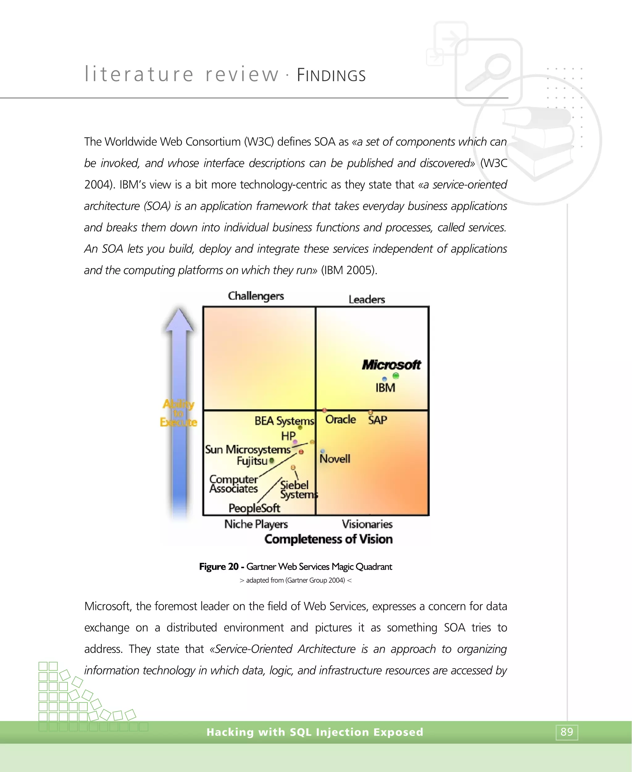 literature review •
FINDINGS
Hacking with SQL Injection Exposed 89
The Worldwide Web Consortium (W3C) defines SOA as «a set of components which can
be invoked, and whose interface descriptions can be published and discovered» (W3C
2004). IBM’s view is a bit more technology-centric as they state that «a service-oriented
architecture (SOA) is an application framework that takes everyday business applications
and breaks them down into individual business functions and processes, called services.
An SOA lets you build, deploy and integrate these services independent of applications
and the computing platforms on which they run» (IBM 2005).
Figure 20 - Gartner Web Services Magic Quadrant
> adapted from (Gartner Group 2004) <
Microsoft, the foremost leader on the field of Web Services, expresses a concern for data
exchange on a distributed environment and pictures it as something SOA tries to
address. They state that «Service-Oriented Architecture is an approach to organizing
information technology in which data, logic, and infrastructure resources are accessed by
 