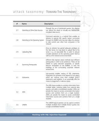 attack taxonomy •
TOWARD THE TAXONOMY
Hacking with SQL Injection Exposed 181
# Name Description
2.7 Extending to Other Data Sources
Through the use of distributed queries, the attacker
can extend the attack to virtually any OldDb/ODBC
compliant data source.
2.8 Extending to the Operating System
Command execution is a method that enables an
attacker to execute SQL specific system commands
through the RDBMS and may even allow the attacker
to take control over other host computers in the
network
2.9 Uploading Files
Once an attacker has gained adequate privileges on
the SQL Server, he may desire to upload files to the
server, e. g. an executable file, in order to execute
complex operations at the operating system level as
well as at the network environment level.
3 Examining Prerequisites
Different SQL Injection attack methods have different
prerequisites in order to be carried-out. These can be
related to query execution properties, or specific
features embedded on the RDBMS, or even the
topology of the surrounding corporate network
environment.
3.1 Subqueries
Sub-querying enables nesting of SQL statements.
Subqueries are achieved at the expense of sub-selects
which are nothing more than multiple SELECT
statements used together. It can potentially offer the
means to piggy-back a malicious query.
3.2 JOIN
The JOIN clause enables to combine information from
multiple tables, including tables from external data
sources, and yield a consolidated resultset. JOINs can
provide the means to access unintended information
sources and combine them on a single resultset.
JOINs can provide the means to access unintended
information sources and combine them on a single
resultset.
3.3 UNION
The UNION logical operator can be used to combine
multiple resultsets from multiple SELECT queries into
a single consolidated resultset.
 