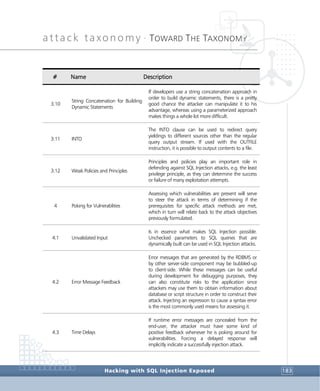 attack taxonomy •
TOWARD THE TAXONOMY
Hacking with SQL Injection Exposed 183
# Name Description
3.10
String Concatenation for Building
Dynamic Statements
If developers use a string concatenation approach in
order to build dynamic statements, there is a pretty
good chance the attacker can manipulate it to his
advantage, whereas using a parameterized approach
makes things a whole lot more difficult.
3.11 INTO
The INTO clause can be used to redirect query
yieldings to different sources other than the regular
query output stream. If used with the OUTFILE
instruction, it is possible to output contents to a file.
3.12 Weak Policies and Principles
Principles and policies play an important role in
defending against SQL Injection attacks, e.g. the least
privilege principle, as they can determine the success
or failure of many exploitation attempts.
4 Poking for Vulnerablities
Assessing which vulnerabilities are present will serve
to steer the attack in terms of determining if the
prerequisites for specific attack methods are met,
which in turn will relate back to the attack objectives
previously formulated.
4.1 Unvalidated Input
Is in essence what makes SQL Injection possible.
Unchecked parameters to SQL queries that are
dynamically built can be used in SQL Injection attacks.
4.2 Error Message Feedback
Error messages that are generated by the RDBMS or
by other server-side component may be bubbled-up
to client-side. While these messages can be useful
during development for debugging purposes, they
can also constitute risks to the application since
attackers may use them to obtain information about
database or script structure in order to construct their
attack. Injecting an expression to cause a syntax error
is the most commonly used means for assessing it.
4.3 Time Delays
If runtime error messages are concealed from the
end-user, the attacker must have some kind of
positive feedback whenever he is poking around for
vulnerabilities. Forcing a delayed response will
implicitly indicate a successfully injection attack.
 