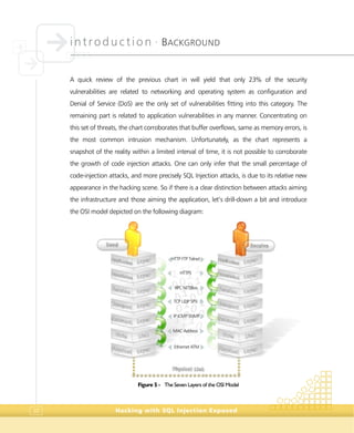 introduction •
BACKGROUND
Hacking with SQL Injection Exposed32
HTTP FTP Telnet
Ethernet ATM
MAC Address
IP ICMP SNMP
TCP UDP SPX
HTTPS
RPC NETBios
A quick review of the previous chart in will yield that only 23% of the security
vulnerabilities are related to networking and operating system as configuration and
Denial of Service (DoS) are the only set of vulnerabilities fitting into this category. The
remaining part is related to application vulnerabilities in any manner. Concentrating on
this set of threats, the chart corroborates that buffer overflows, same as memory errors, is
the most common intrusion mechanism. Unfortunately, as the chart represents a
snapshot of the reality within a limited interval of time, it is not possible to corroborate
the growth of code injection attacks. One can only infer that the small percentage of
code-injection attacks, and more precisely SQL Injection attacks, is due to its relative new
appearance in the hacking scene. So if there is a clear distinction between attacks aiming
the infrastructure and those aiming the application, let’s drill-down a bit and introduce
the OSI model depicted on the following diagram:
Figure 5 - The Seven Layers of the OSI Model
 