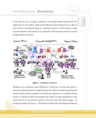 introduction •
BACKGROUND
Hacking with SQL Injection Exposed 37
to the risk and cost of change, compared to the possible benefit resulting from the
replacement of such systems. Although the following picture pretends to be a satyr of
some intricate IT architecture drawn on a flipchart during an IT staff meeting, it could
very well represent a real scenario of an organization that has grown overtime, but kept
its legacy systems operating.
Figure 7 - The Spaghetti IT Architecture
Managing such architecture would definitely be a nightmare, no matter how good, or
how many professionals are in-charged of that burden. What is sought by presenting this
scenario is that avoiding a long-term IT architecture to become an uncontrolled monster
requires a whole lot of effort and discipline. But medium to large organizations simply
cannot get rid of core business systems at the same rate they become legacy. As
architectures evolve (see Figure 2 - The Evolution of Information Technology Architectures
 