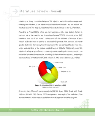 literature review •
FINDINGS
Hacking with SQL Injection Exposed70
establishes a strong correlation between SQL Injection and online data management,
stressing out the bond of the research topic with OLTP databases. For this reason, this
literature research will drop sources of information that will lead on the OLAP direction.
According to Anley (2002b) «there are many varieties of SQL; most dialects that are in
common use at the moment are loosely based around SQL-92, the most recent ANSI
standard». This fact is an indirect consequence of the existence of multiple RDBMS
vendors that in the heat of fight try to enhance their products with additions and handy
goodies that move them away from the standard. This fact alone justifies the need for a
better understanding of the existing installed base of RDBMSs. Additionally, since SQL
Injection is a logical type of attack, a thorough understanding of the attack subject can
prove itself priceless to the attacker. According to the Gartner Group (2002), three major
players surfaced as the foremost RDBMS vendors in 2002 on a 8.8 billion USD market:
Figure 13 - Worldwide RDBMS Market Share in 2002
> adapted from (Gartner Group 2002) <
At present days, Microsoft competes with its MS SQL Server 2005, Oracle with Oracle
10G and IBM with DB2. Gartner (2003) also presents an analysis of the evolution of the
market where it is visible the evolution of the market as per the following diagram:
Microsoft 16.3%
Oracle 32%
Sybase 2.6%
Other 14.4%
IBM 31.7%
 