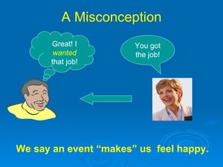 A Misconception We say an event “makes” us  feel happy. Great! I  wanted  that job! You got the job! 