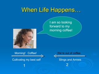 When Life Happens… Cultivating my best self Slings and Arrows Morning!  Coffee!  We’re out of coffee 1 2 I am so looking forward to my morning coffee! 