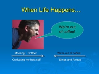 When Life Happens… Cultivating my best self Slings and Arrows Morning!  Coffee!  We’re out of coffee We’re out of coffee! 