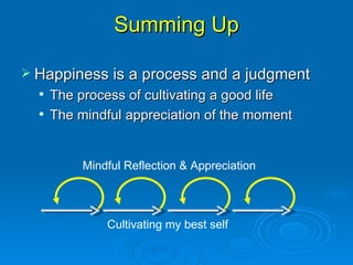 Summing Up Happiness is a process and a judgment The process of cultivating a good life The mindful appreciation of the moment Cultivating my best self Mindful Reflection & Appreciation 