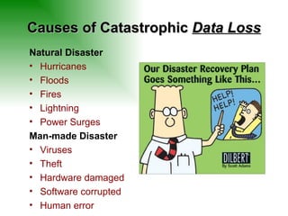 Causes of Catastrophic  Data Loss Natural Disaster Hurricanes Floods Fires Lightning Power Surges Man-made Disaster Viruses Theft Hardware damaged Software corrupted Human error 