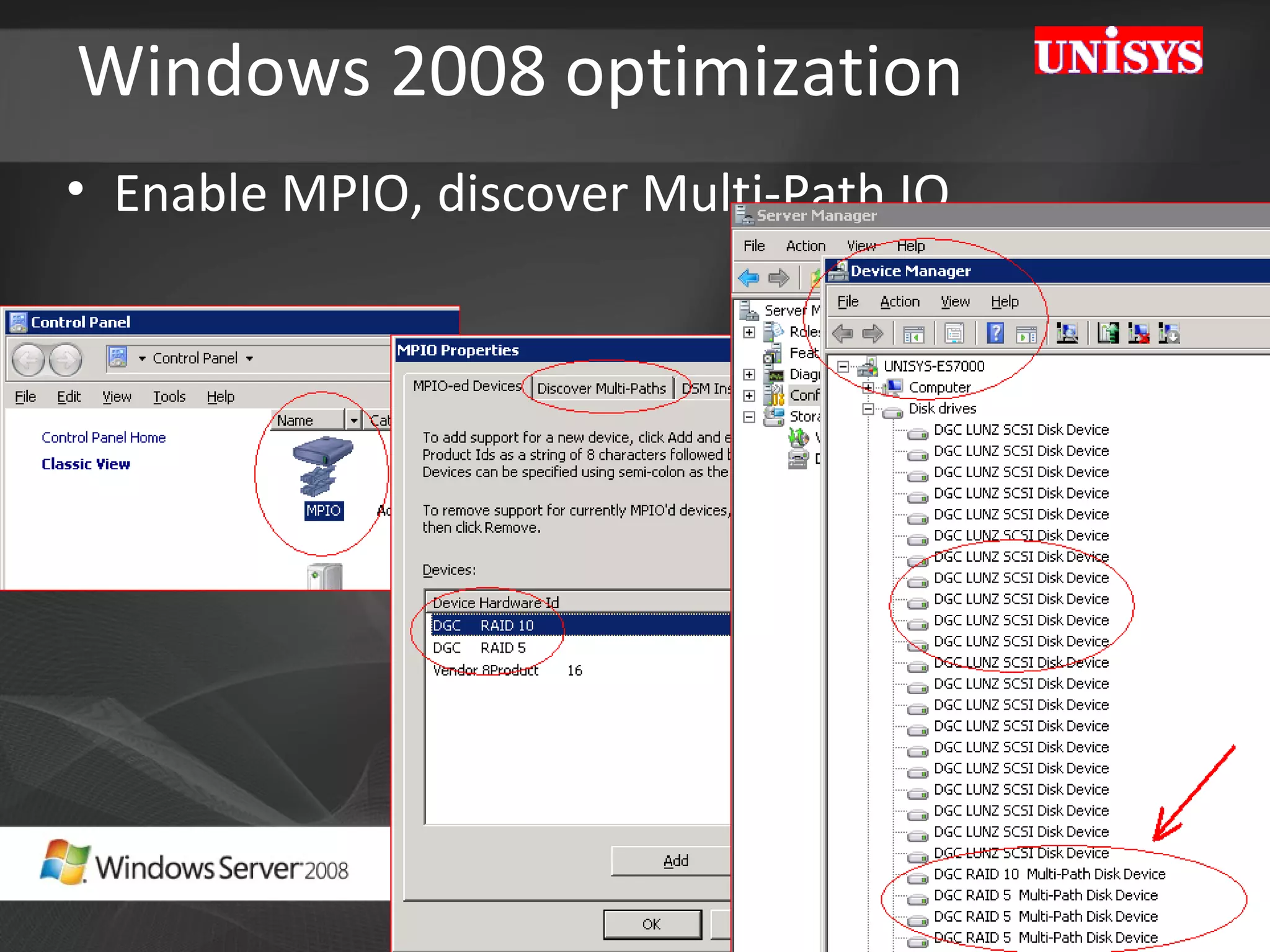 Windows 2008 optimization Enable MPIO, discover Multi-Path IO 