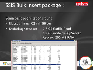 SSIS Bulk Insert package :  Some basic optimizations found Elapsed time:  02 min  56  sec  DtsDebughost.exe:  1.7 GB flatfile Read   1.9 GB write to SQLServer Approx. 200 MB RAM  