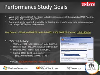 Performance Study Goals Work with Microsoft SSIS Dev team to test improvements of the reworked SSIS Pipeline, from  SQL2008 versus SQL 2005 Document performance & scalability for loading and transforming data sets running on the Unisys ES7000/one (x64) servers Live Demo’s - Windows2008 DC build 6.0.6001 / SQL 2008 EE (Katmai)  10.0.1300.04 SSIS Test history:  SSIS Sept. 2004 ,  SQL 2005 Beta2, build 9.00.954  SSIS Feb. 2005 ,  SQL 2005 IDW13, build 9.00.1094 SSIS Dec 2006,  Katmai build  9.0.9086.2  Katmai SSIS:  build 10.0.1075.7  (SQL_PreRelease).070927-0159 ) Versus:  SQL2005-Post SP2: Version 9.0.3175 