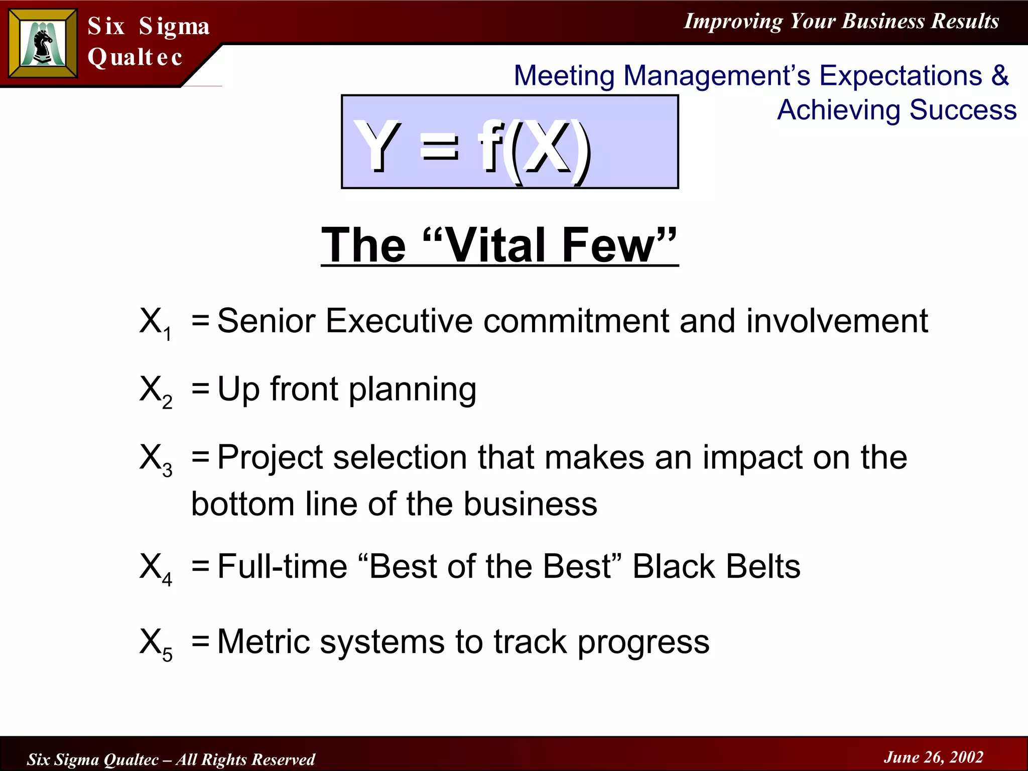 Meeting Management’s Expectations &  Achieving Success The “Vital Few” X 1 = Senior Executive commitment and involvement  X 2 = Up front planning X 3 = Project selection that makes an impact on the bottom line of the business  X 4 = Full-time “Best of the Best” Black Belts  X 5 = Metric systems to track progress   Y = f(X)  