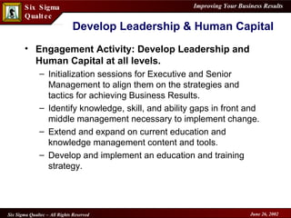 Develop Leadership & Human Capital Engagement Activity: Develop Leadership and Human Capital at all levels. Initialization sessions for Executive and Senior Management to align them on the strategies and tactics for achieving Business Results. Identify knowledge, skill, and ability gaps in front and middle management necessary to implement change. Extend and expand on current education and knowledge management content and tools. Develop and implement an education and training strategy. 