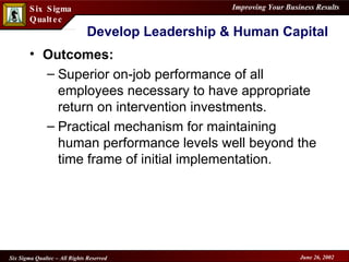 Develop Leadership & Human Capital Outcomes: Superior on-job performance of all employees necessary to have appropriate return on intervention investments. Practical mechanism for maintaining human performance levels well beyond the time frame of initial implementation. 