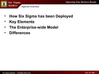How Six Sigma has been Deployed Key Elements The Enterprise-wide Model Differences Agenda Overview 