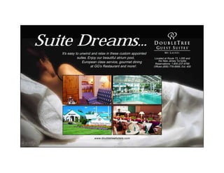 Suite Dreams...
   It’s easy to unwind and relax in these custom appointed
              suites. Enjoy our beautiful atrium pool,       Located at Route 73, I-295 and
                                                                 the New Jersey Turnpike
                  European class service, gourmet dining      Reservations: 1-800-237-8766
                       at GG’s Restaurant and more!.         Offices (856) 778-8999, Ext. 400




                       www.doubletreehotels.com
 