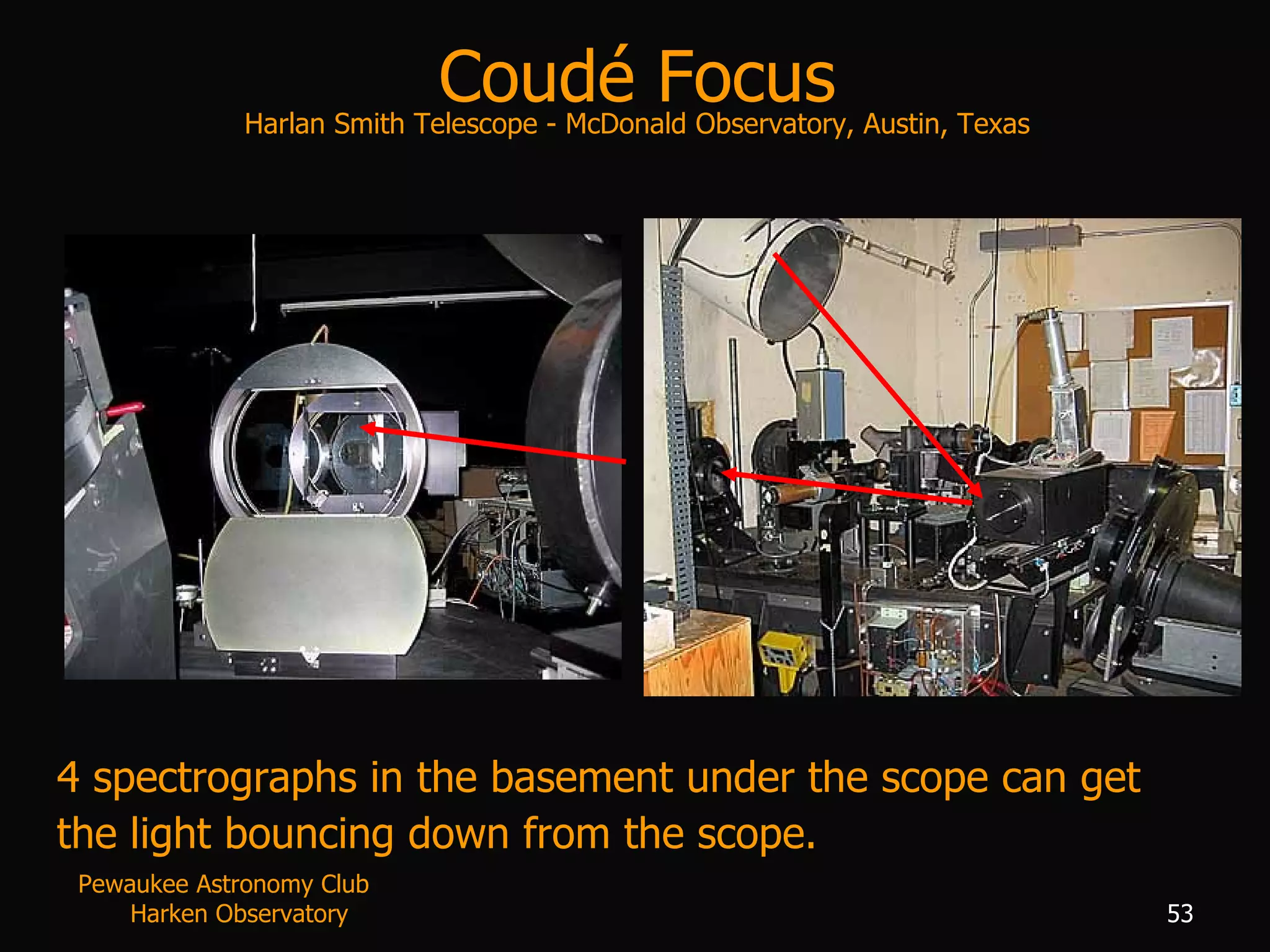 Coud é  Focus Harlan Smith Telescope - McDonald Observatory, Austin, Texas 4 spectrographs in the basement under the scope can get  the light bouncing down from the scope. Pewaukee Astronomy Club  Harken Observatory 