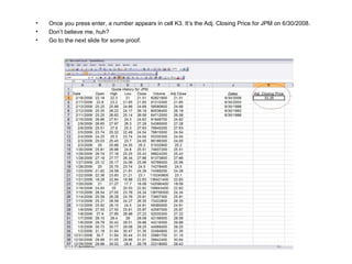 Once you press enter, a number appears in cell K3. It’s the Adj. Closing Price for JPM on 6/30/2008. Don’t believe me, huh? Go to the next slide for some proof. 