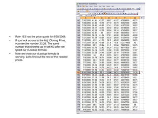 Row 163 has the price quote for 6/30/2008. If you look across to the Adj. Closing Price, you see the number 33.26. The same number that showed up in cell K3 after we typed our vLookup formula. Now we know our vLookup formula is working. Let’s find out the rest of the needed prices. 