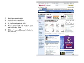 Open your web browser Go to finance.yahoo.com In the Quote Box enter JPM A new screen loads with the day’s quote for JPMorgan Chase Click on “Historical Quotes” indicated by the red circle 
