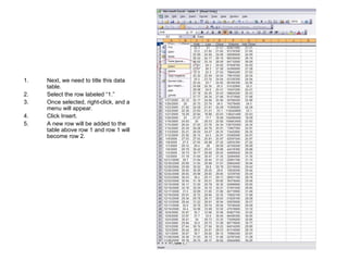 Next, we need to title this data table. Select the row labeled “1.” Once selected, right-click, and a menu will appear. Click Insert. A new row will be added to the table above row 1 and row 1 will become row 2. 
