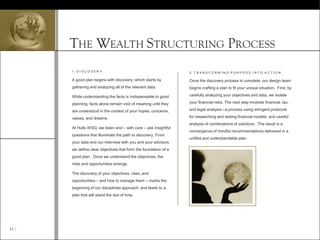 1. D I S C O V E R Y
A good plan begins with discovery; which starts by
gathering and analyzing all of the relevant data.
While understanding the facts is indispensable to good
planning, facts alone remain void of meaning until they
are understood in the context of your hopes, concerns,
values, and dreams.
At Hults WSG, we listen and – with care – ask insightful
questions that illuminate the path to discovery. From
your data and our interview with you and your advisors,
we define clear objectives that form the foundation of a
good plan. Once we understand the objectives, the
risks and opportunities emerge.
The discovery of your objectives, risks, and
opportunities – and how to manage them – marks the
beginning of our disciplined approach, and leads to a
plan that will stand the test of time.
2. T R A N S F O R M I N G P U R P O S E I N T O A C T I O N
Once the discovery process is complete, our design team
begins crafting a plan to fit your unique situation. First, by
carefully analyzing your objectives and data, we isolate
your financial risks. The next step involves financial, tax,
and legal analysis—a process using stringent protocols
for researching and testing financial models, and careful
analysis of combinations of solutions. The result is a
convergence of mindful recommendations delivered in a
unified and understandable plan.
11 
THE WEALTH STRUCTURING PROCESS
 