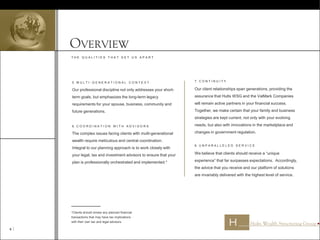 T H E Q U A L I T I E S T H A T S E T U S A P A R T
5. M U L T I - G E N E R A T I O N A L C O N T E X T
Our professional discipline not only addresses your short-
term goals, but emphasizes the long-term legacy
requirements for your spouse, business, community and
future generations.
6. C O O R D I N A T I O N W I T H A D V I S O R S
The complex issues facing clients with multi-generational
wealth require meticulous and central coordination.
Integral to our planning approach is to work closely with
your legal, tax and investment advisors to ensure that your
plan is professionally orchestrated and implemented.*
7. C O N T I N U I T Y
Our client relationships span generations, providing the
assurance that Hults WSG and the ValMark Companies
will remain active partners in your financial success.
Together, we make certain that your family and business
strategies are kept current, not only with your evolving
needs, but also with innovations in the marketplace and
changes in government regulation.
8. U N P A R A L L E L E D S E R V I C E
We believe that clients should receive a “unique
experience” that far surpasses expectations. Accordingly,
the advice that you receive and our platform of solutions
are invariably delivered with the highest level of service.
OVERVIEW
*Clients should review any planned financial
transactions that may have tax implications
with their own tax and legal advisors.
4 
 