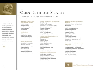 Attention to detail, the
capability to consider all
aspects of a client’s situation,
and the advice of highly
experienced professionals
allow our clients to experience
the personalized services of a
small boutique – while
benefiting from the resources,
customized solutions and
variety of services that a global
firm can provide.

A D D R E S S I N G T H E C O M P L E X R E Q U I R E M E N T S O F W E A L T H
CLIENT-CENTERED SERVICES
MAINTAINING CONTROL OVER
YOUR PERSONAL AFFAIRS
Financial Strategies
Retirement Planning
Asset Transfer Strategies
Capital Preservation
Life Settlements
MANAGING RISK
Life Insurance
Long Term Care Insurance
Disability Income Insurance
Salary Continuation Plans
INCOME TAX REDUCTION
CRATS, CRUTS & NIMCRUTS
Charitable Lead Trusts
Family Limited Partnerships
Private Foundations
Donor Advised Funds
Family Corporations
Section 529 Education Plans
FEDERAL GIFT & ESTATE TAX REDUCTION
Estate Planning
Charitable Gifting Strategies
Irrevocable Life Insurance Trusts (ILITS)
Charitable Remainder Trusts
Charitable Foundations
GRATS & GRUTS
Family Limited Partnerships
QTIPS, QDOTS & QPRTS
Analysis of Trust-Owned Life Insurance
PASSING VALUE & RESPONSIBILITY TO
FAMILY MEMBERS
Dynasty Trusts
GRATS & GRUTS
Inheritors Trusts
Wealth Replacement Trusts
Private Foundations
Education Trusts
Fully Funded Revocable Trusts
ESOPS
Family Limited Partnerships
PROTECTION AGAINST LITIGATION
Limited Liability Companies
Insured Asset Protection Vehicles
CRATS, CRUTS & NIMCRUTS
Domestic Family Limited Partnerships
GRATS & GRUTS
MANAGING THE VALUE OF THE FAMILY
BUSINESS
Business Continuation Planning Strategies
Buy Sell Plans
412 (i) Plans
CRATS, CRUTS & NIMCRUTS
Wealth Replacement Trusts
ESOPS & LESOPS
Liquidation Planning
Overhead Expense Plans
Split Dollar Plans
Family Limited Partnerships
Limited Liability Companies
Irrevocable Life Insurance Trusts (ILITs)
Dynasty Trusts
RECRUIT, RETAIN, REWARD HIGHLY-PAID
EXECUTIVES
Non-Qualified Deferred Compensation Plans
Financial Strategies for Key Executives
Qualified Plans (Profit Sharing, Pension Plans,
401(k) Plans, 412(i) Plans, ESOPs)
Disability Income Insurance
Key Person Insurance
Long Term Care Insurance
6 
 