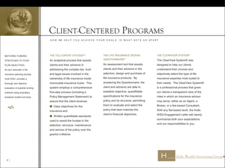 MATCHING FUNDING
STRATEGIES TO YOUR
PLAN OBJECTIVES
As your advocate in the
insurance planning process,
Hults WSG provides a
thorough and objective
evaluation of possible funding
methods using proprietary
analytical models and tools.

H O W WE H E L P Y O U A C H I E V E Y O U R G O A L S I S W H A T S E T S U S A P A R T
CLIENT-CENTERED PROGRAMS
THE TOLI EXPERT SYSTEM™
An analytical process that assists
clients and their advisors in
addressing the complex tax, trust
and legal issues involved in the
ownership of life insurance inside
irrevocable insurance trusts. This
system employs a comprehensive
five-step process (including a
Policy Management Statement) to
assure that the client receives:
 Clear objectives for the
insurance and
 Written quantifiable standards
used to assist the trustee in the
selection, structure, maintenance
and service of the policy over the
grantor’s lifetime.
THE LIFE INSURANCE DESIGN
QUESTIONNAIRE®
An assessment tool that assists
clients and their advisors in the
selection, design and purchase of
life insurance products. By
answering the Questionnaire, the
client and advisors are able to
establish objective, quantifiable
specifications for the insurance
policy and its structure, permitting
them to evaluate and select the
policy that best matches the
client’s financial objectives.
THE CLEARVIEW SYSTEM®
The ClearView System® was
designed to help our clients
understand their choices and
objectively select the type of life
insurance expertise most suited to
their needs. The ClearView System®
is a professional process that gives
our clients a transparent view of the
roles in which an insurance advisor
may serve, either as an Agent, a
Broker, or a fee-based Consultant.
With any fee-based work, the Hults
WSG Engagement Letter will clearly
summarize both your expectations
and our responsibilities to you.
7 
 