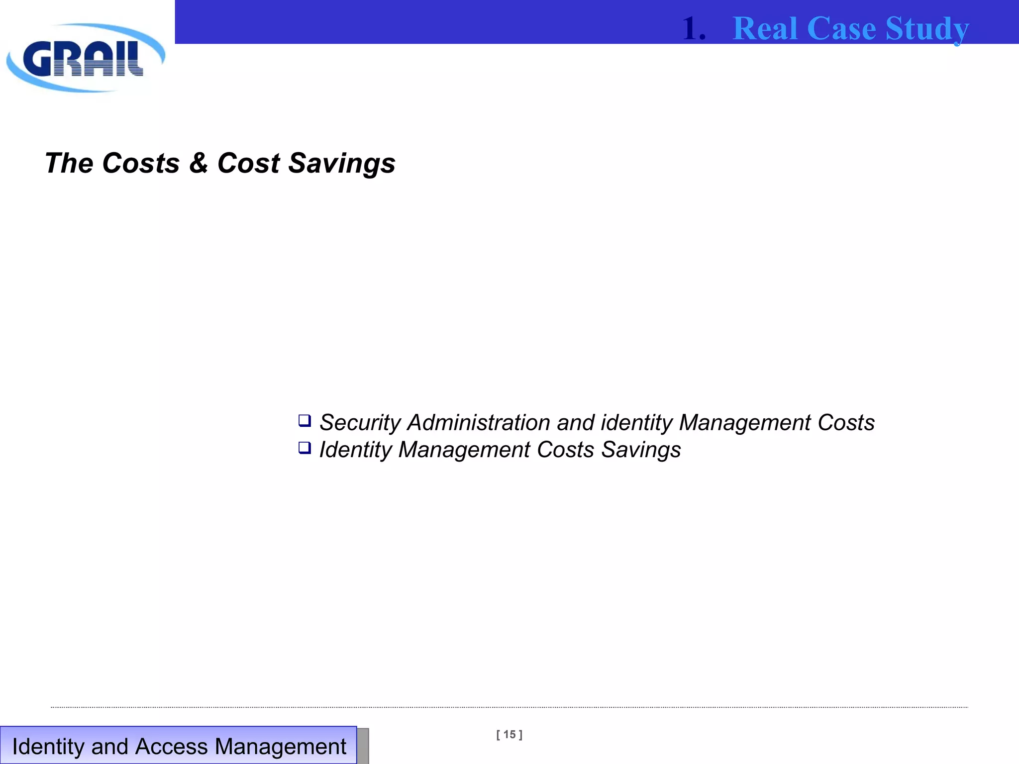 The Costs & Cost Savings Security Administration and identity Management Costs Identity Management Costs Savings Real Case Study Identity and Access Management  
