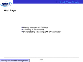 Next Steps Identity Management Strategy Summary of Key Benefits Demonstrating ROI using IBM -ID Accelerator Real Case Study Identity and Access Management  
