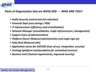 Parts of Organization that are INVOLVED  --  WHO ARE YOU? Audit (security control and risk reduction) Financial Dept (cost savings / ROI) IT Infrastructure (efficiency and centralization) Network Manager (consolidation, single infrastructure, management) Support (ease of administration) Platform Owner (Reduced administration and single sign-on) Help Desk (Reduced calls) Application owner for SAP/JDE (Ease of use, integration, security) Strategy (platform and foundation for centralized services) Business Unit (Tactical requirements, improved security) Identity and Access Management  