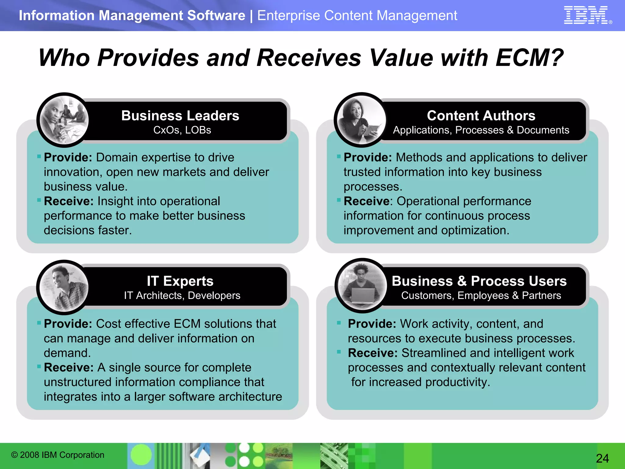 Who Provides and Receives Value with ECM? Provide:  Work activity, content, and  resources to execute business processes. Receive:  Streamlined and intelligent work processes and contextually relevant content  for increased productivity. Business & Process Users  Customers, Employees & Partners Provide:  Methods and applications to deliver trusted information into key business processes. Receive : Operational performance information for continuous process improvement and optimization. Content Authors Applications, Processes & Documents Provide:  Cost effective ECM solutions that can manage and deliver information on demand. Receive:  A single source for complete unstructured information compliance that integrates into a larger software architecture IT Experts  IT Architects, Developers Provide:  Domain expertise to drive innovation, open new markets and deliver business value. Receive:  Insight into operational performance to make better business decisions faster. Business Leaders  CxOs, LOBs 