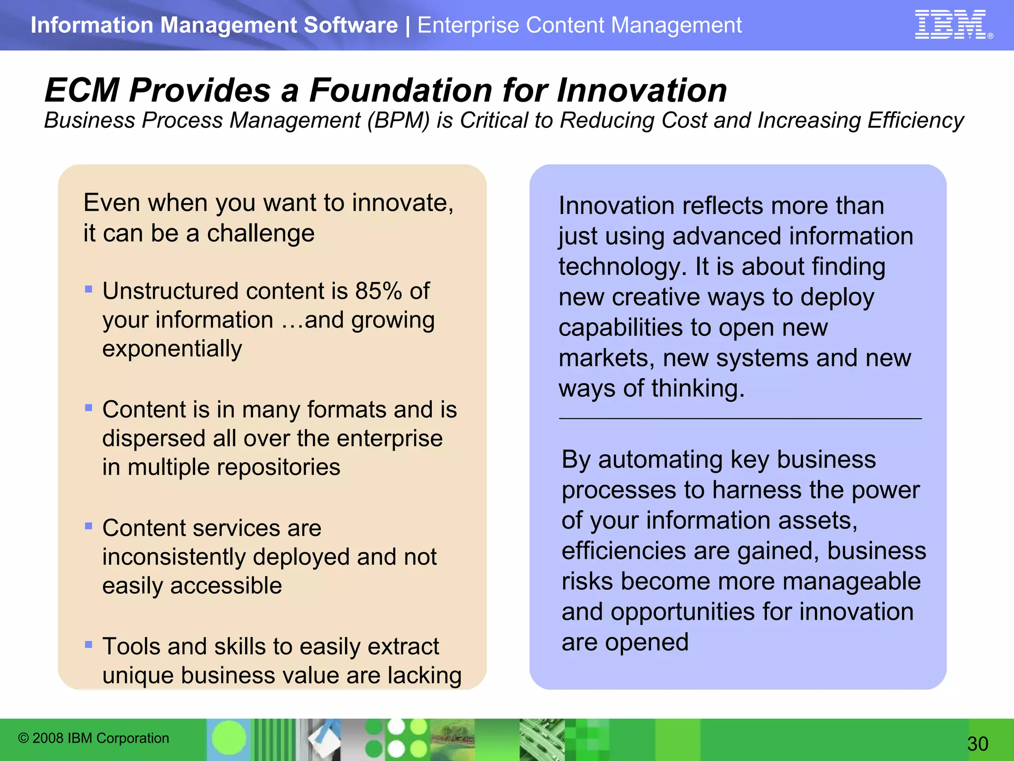 ECM Provides a Foundation for Innovation Business Process Management (BPM) is Critical to Reducing Cost and Increasing Efficiency Even when you want to innovate, it can be a challenge Unstructured content is 85% of your information …and growing exponentially Content is in many formats and is dispersed all over the enterprise in multiple repositories Content services are inconsistently deployed and not easily accessible  Tools and skills to easily extract unique business value are lacking By automating key business processes to harness the power of your information assets, efficiencies are gained, business risks become more manageable and opportunities for innovation are opened Innovation reflects more than just using advanced information technology. It is about finding new creative ways to deploy capabilities to open new markets, new systems and new ways of thinking. 