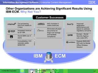 Other Organizations are Achieving Significant Results Using IBM ECM.  Why Not You? IBM  ECM Cut processing time from weeks to 2 days Increased revenue by $115M  Saved $5M over 5 years Consolidating  915 websites yields $45M ROI Customer Successes 64% increase in online revenues Eliminated all paper documents for large cost savings and facilitate compliance Improved application performance and search to address regulatory concerns Europe – Social Security Agency cuts costs 25%  Expects $500,000 ROI with its Mobile Office Wireless Solution UVW 