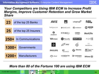 Your Competitors are Using IBM ECM to Increase Profit Margins, Improve Customer Retention and Grow Market Share More than 80 of the Fortune 100 are using IBM ECM 23 of the top 25 Banks 250+ In Communications 25 of the top 25 Insurers 1300 + Governments 1200 + Manufacturers 