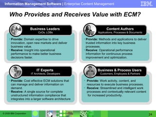 Who Provides and Receives Value with ECM? Provide:  Work activity, content, and  resources to execute business processes. Receive:  Streamlined and intelligent work processes and contextually relevant content  for increased productivity. Business & Process Users  Customers, Employees & Partners Provide:  Methods and applications to deliver trusted information into key business processes. Receive : Operational performance information for continuous process improvement and optimization. Content Authors Applications, Processes & Documents Provide:  Cost effective ECM solutions that can manage and deliver information on demand. Receive:  A single source for complete unstructured information compliance that integrates into a larger software architecture IT Experts  IT Architects, Developers Provide:  Domain expertise to drive innovation, open new markets and deliver business value. Receive:  Insight into operational performance to make better business decisions faster. Business Leaders  CxOs, LOBs 