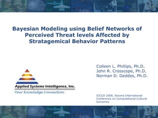 Bayesian Modeling using Belief Networks of Perceived Threat levels Affected by Stratagemical Behavior Patterns Colleen L. Phillips, Ph.D . John R. Crosscope, Ph.D. Norman D. Geddes, Ph.D. ICCCD 2008, Second International Conference on Computational Cultural Dynamics 