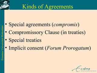 Kinds of Agreements Special agreements ( compromis ) Compromissory Clause (in treaties) Special treaties Implicit consent ( Forum Prorogatum ) 