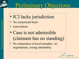ICJ lacks jurisdiction No consensual basis reservations  Case is not admissible (claimant has no standing) No exhaustion of local remedies  no negotiations, wrong nationality Preliminary Objections 