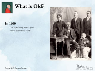 What is Old? In 1900 Life expectancy was 47 years 40 was considered “old” Source: U.S. Census Bureau 