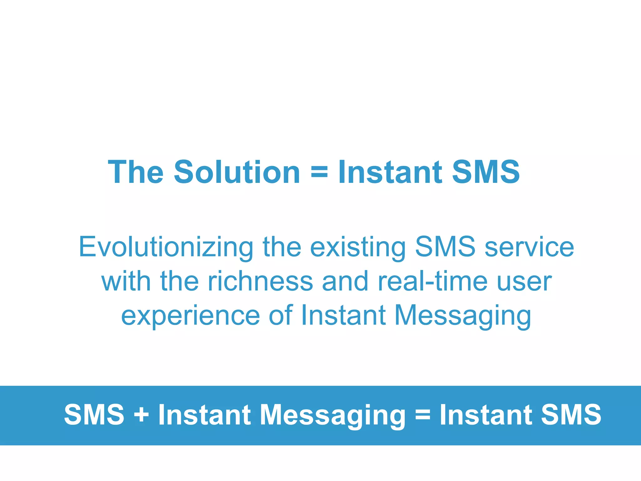 The Solution = Instant SMS Evolutionizing the existing SMS service with the richness and real-time user experience of Instant Messaging SMS + Instant Messaging = Instant SMS 