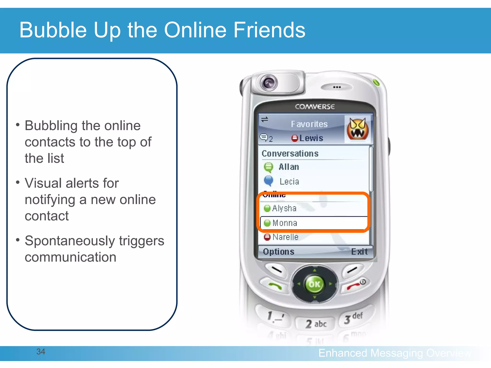 Bubble Up the Online Friends Bubbling the online contacts to the top of the list Visual alerts for notifying a new online contact Spontaneously triggers communication 