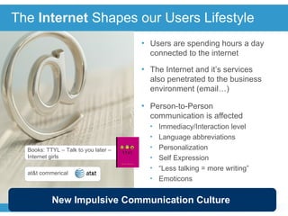 The  Internet   Shapes our Users Lifestyle Users are spending hours a day connected to the internet The Internet and it’s services also penetrated to the business environment (email…) Person-to-Person communication is affected Immediacy/Interaction level  Language abbreviations Personalization Self Expression “ Less talking = more writing” Emoticons Books: TTYL – Talk to you later – Internet girls New Impulsive Communication Culture at&t commerical 