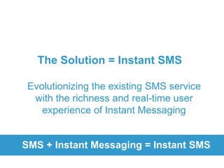 The Solution = Instant SMS Evolutionizing the existing SMS service with the richness and real-time user experience of Instant Messaging SMS + Instant Messaging = Instant SMS 