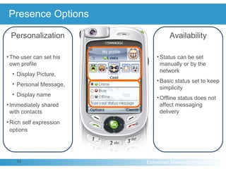 Presence Options Availability Status can be set  manually or by the network Basic status set to keep simplicity Offline status does not affect messaging delivery Personalization The user can set his own profile Display Picture, Personal Message, Display name Immediately shared with contacts Rich self expression options   