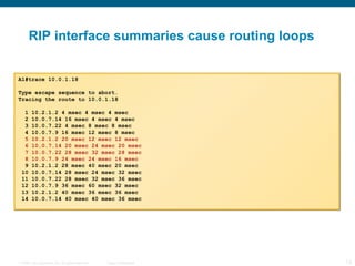 RIP interface summaries cause routing loops A1#trace 10.0.1.18 Type escape sequence to abort. Tracing the route to 10.0.1.18 1 10.2.1.2 4 msec 4 msec 4 msec 2 10.0.7.14 16 msec 4 msec 4 msec 3 10.0.7.22 4 msec 8 msec 8 msec 4 10.0.7.9 16 msec 12 msec 8 msec 5 10.2.1.2 20 msec 12 msec 12 msec 6 10.0.7.14 20 msec 24 msec 20 msec 7 10.0.7.22 28 msec 32 msec 28 msec 8 10.0.7.9 24 msec 24 msec 16 msec 9 10.2.1.2 28 msec 40 msec 20 msec 10 10.0.7.14 28 msec 24 msec 32 msec 11 10.0.7.22 28 msec 32 msec 36 msec 12 10.0.7.9 36 msec 60 msec 32 msec 13 10.2.1.2 40 msec 36 msec 36 msec 14 10.0.7.14 40 msec 40 msec 36 msec 