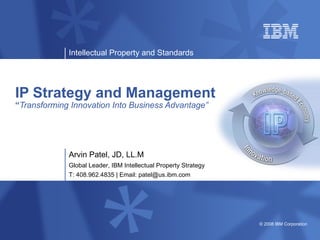 IP Strategy and Management  “ Transforming Innovation Into Business Advantage” Arvin Patel, JD, LL.M Global Leader, IBM Intellectual Property Strategy T: 408.962.4835 | Email: patel@us.ibm.com 