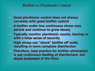 Good planktonic control does not always correlate with good biofilm control A biofilm under low continuous stress may persist and continue to grow slowly Typically monitor   planktonic counts, leaving us with a false sense of security  High stress can “shock” biofilm off walls, resulting in more complete disinfection Therefore, best practice for biofilm elimination is  not  continuous feeding of disinfectant, but  shock treatment  of the films Biofilm vs. Planktonic Control 